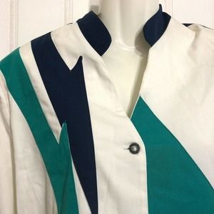 Alamose Vintage Western Blouse Teal Green Black White Cotton Rodeo